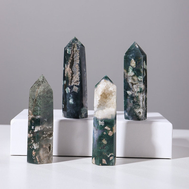 Natural Moss Agate Crystal Wand Point Healing Obelisk-Spiritual Protection Meditation Energy Reiki Gemstone Hexagonal Tower-crystal gift